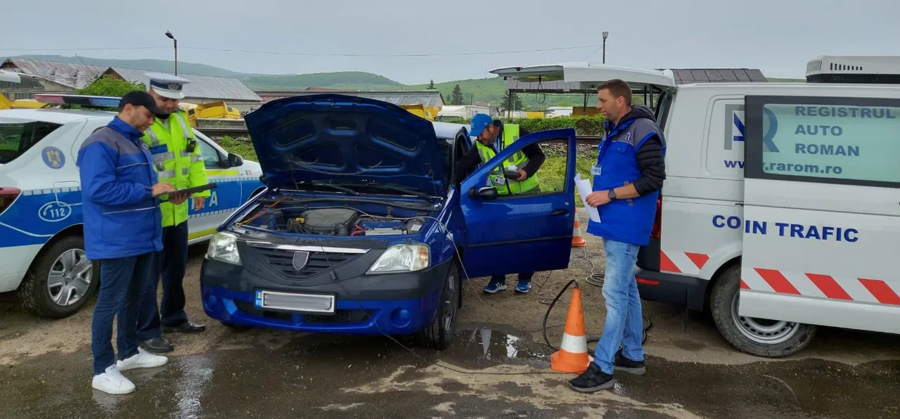 Kék Dacia autó felnyitott motorháztetővel és nyitott ajtóval áll egy szabadtéri ellenőrzési helyszínen, mellette rendőrök és a Registrul Auto Roman (RAR) munkatársai vizsgálják a papírokat és a motort, a háttérben rendőrségi autó és RAR/Coin Trafic felirat kisbusz látható.
