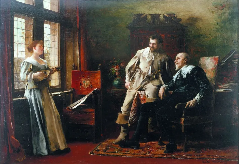 Festmény, amely egy reneszánsz stílusú belső térben játszódik: egy nő ablak mellett mandolinon (lantszerű hangszeren) játszik, miközben két férfi - egy fiatalabb és egy idősebb, díszes ruhában - fotelben ülve hallgatja őt.
