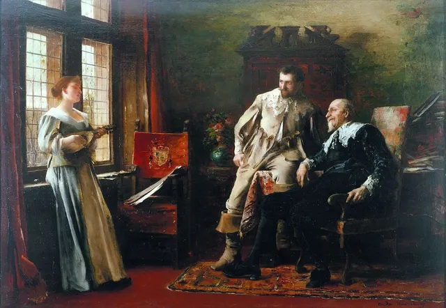 Festmény, amely egy reneszánsz stílusú belső térben játszódik: egy nő ablak mellett mandolinon (lantszerű hangszeren) játszik, miközben két férfi - egy fiatalabb és egy idősebb, díszes ruhában - fotelben ülve hallgatja őt.