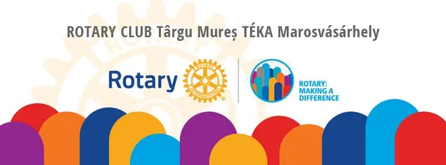 Grafikai logó, amelyen a ROTARY CLUB Târgu Mureș TÉKA Marosvásárhely felirat, a Rotary embléma, valamint a Rotary: Making a Difference felirat és színes stilizált emberalakok láthatók egy íves, színes dekoratív sáv felett.