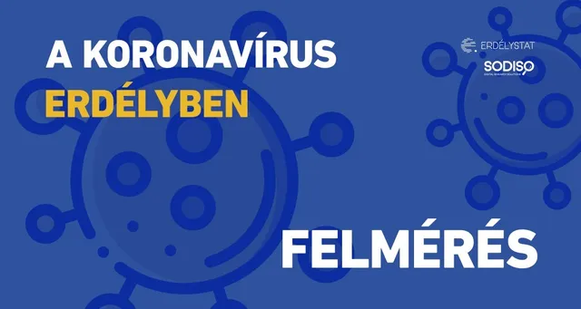 Grafikus illusztráció kék alapon, koronavírus-részecskéket ábrázoló rajzokkal, valamint 'A koronavírus Erdélyben' és 'Felmérés' feliratokkal, illetve az Erdélystat és Sodiso logóival.