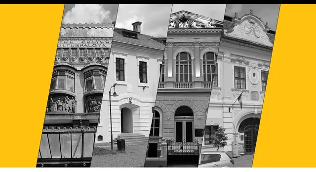 Kollázs négy fekete-fehér épületfotóból sárga háttéren: a Kultúrpalota díszes homlokzatának részlete szoborcsoporttal, egy egyszerű fehér falú régi ház bejárata, egy klasszicista stílusú épület díszes ablakokkal és bejárattal, valamint egy másik díszes homlokzatú épület címerdíszítéssel és zászlóval.