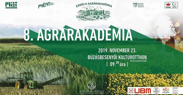 Rendezvényplakát a 8. Agrárakadémiáról, rajta traktoros mezőgazdasági jelenet, gabonatábla és tehén sziluettje, valamint több szervezet logója.