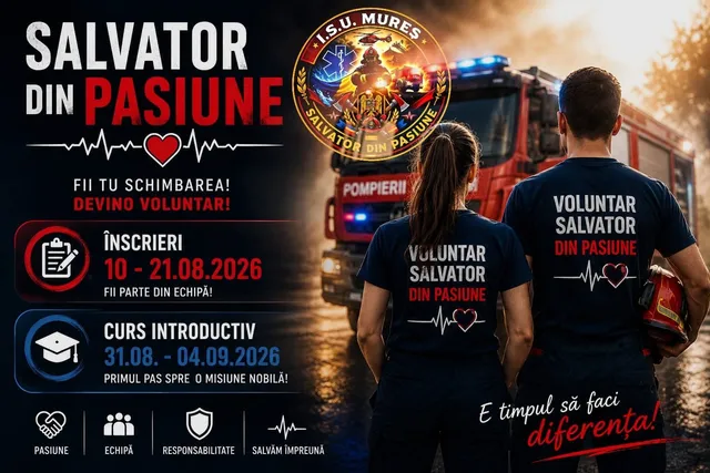 Toborzó plakát az I.S.U. Mureș önkéntes tűzoltó/mentő programjához: két hátulról látható személy „Voluntar Salvator din Pasiune” feliratú pólóban egy tűzoltóautó előtt áll, mellettük a szervezet emblémája és jelentkezési, illetve képzési dátumok olvashatók románul.