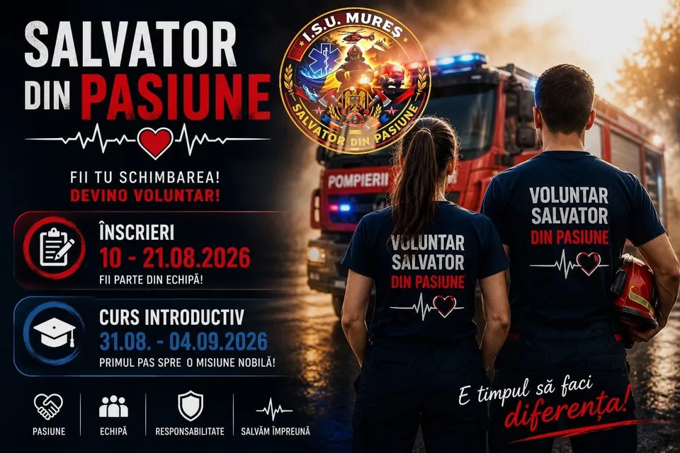 Toborzó plakát önkéntes tűzoltó-mentő szolgálathoz: két hátulról látható fiatal, „VOLUNTAR SALVATOR DIN PASIUNE” feliratú pólóban áll egy tűzoltóautó előtt, mellettük az I.S.U. Mureș embléma és beiratkozási adatok szerepelnek.