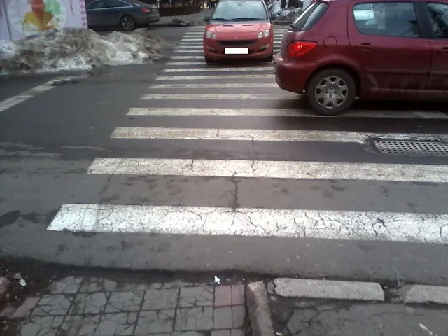 Gyalogátkelőhely (zebra) egy utcán, amelyen két személyautó (piros és bordó) parkol keresztben a jelzésen, háttérben további autók és maradék hó látszik a járda mellett.