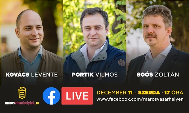 Facebook élő közvetítést hirdető grafika három férfi portréjával: Kovács Levente, Portik Vilmos és Soós Zoltán, alattuk nevük felirattal. A kép alján Facebook Live logó és a december 11-i, szerda 17 órai időpont látható.