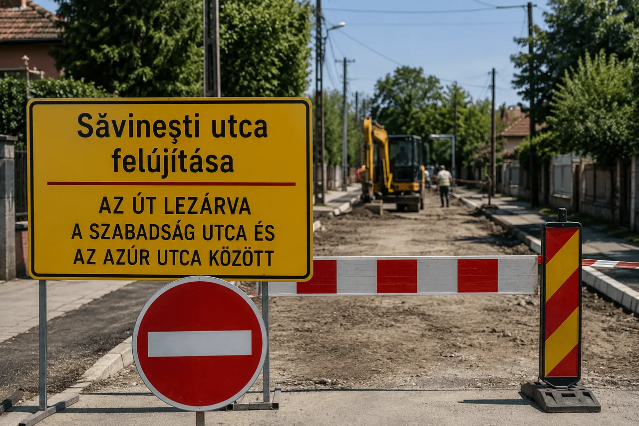Sárga tábla „Săvinești utca felújítása – az út lezárva a Szabadság utca és az Azúr utca között” felirattal, előtte behajtani tilos jelzés és piros-fehér csíkos sorompó zárja le az utcát. A háttérben egy kotró-földmunkagép dolgozik a felásott úton, mellette egy munkás áll.