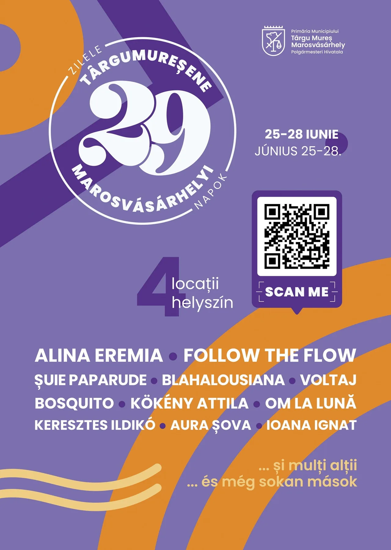 Plakát a 29. Marosvásárhelyi Napok rendezvénysorozatról, lila-narancssárga színvilágban, a Marosvásárhelyi Polgármesteri Hivatal logójával, QR-kóddal és a fellépők felsorolásával.