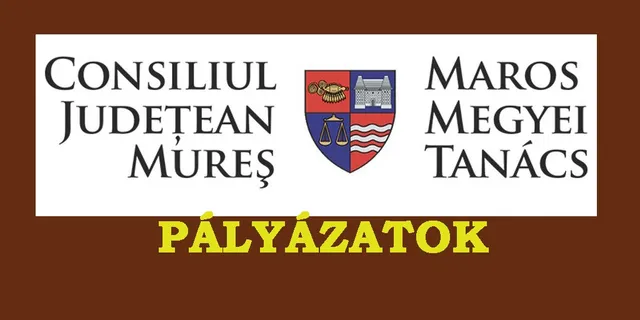 A Maros Megyei Tanács logója és címere látható, alatta sárga betűkkel a „Pályázatok” felirat.