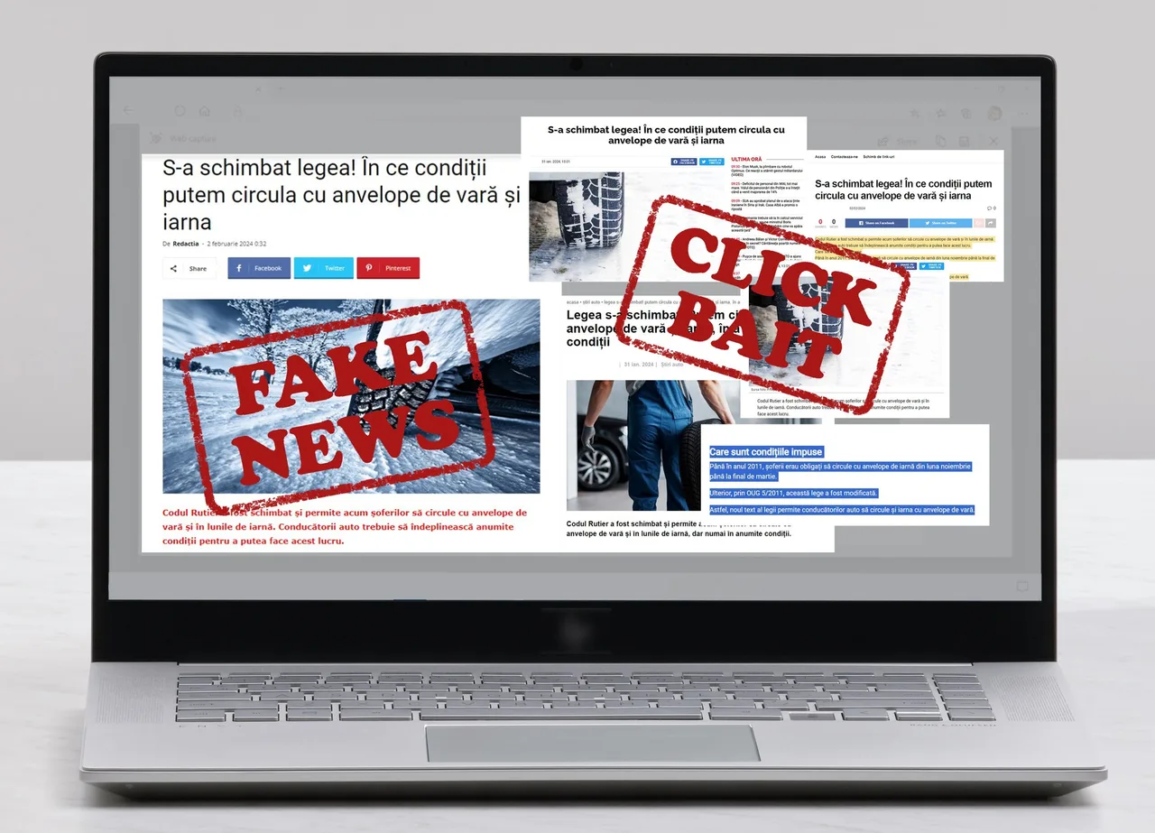 Laptop képernyőjén egy román nyelvű online cikk látható a téli-nyári gumiabroncsokra vonatkozó jogszabályváltozásról, a képre piros "FAKE NEWS" és "CLICK BAIT" bélyegző van montírozva.