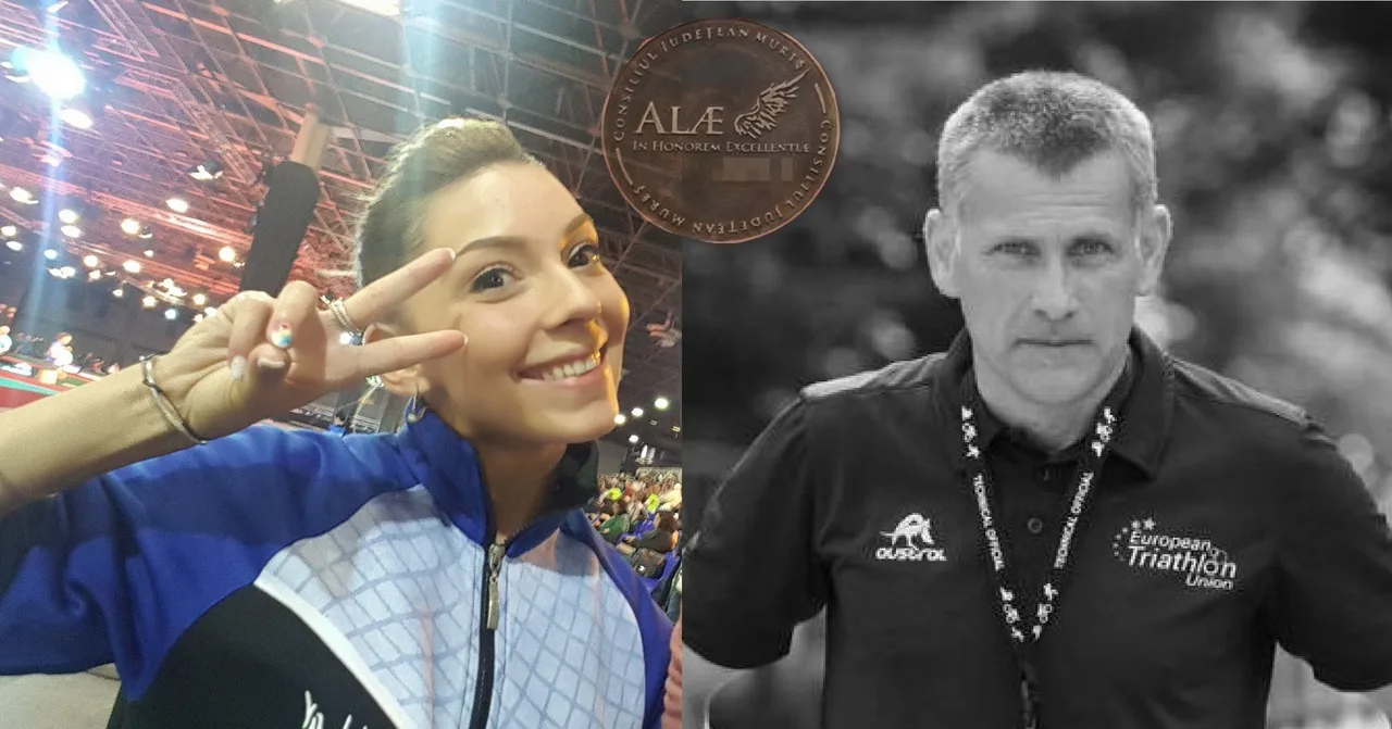 Kollázs két emberről: bal oldalon egy sportdressz felsőt viselő fiatal nő mosolyog a kamerába, békejelet mutatva egy sportcsarnokban; jobb oldalon fekete-fehér portré egy ősz hajú férfiról, aki sportos dzsekit visel, nyakában akkreditációs kártyával, mellén European Triathlon Union felirat. Középen a Maros Megyei Tanács ALAE kitüntetésének embléma-lenyomata látható.