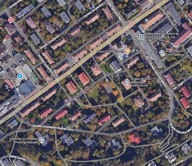 Térképszolgáltatás (Google Maps jellegű) légifelvétele Marosvásárhely egyik városrészéről, utcanevekkel (Székelyek vértanúi útja, 22 Decembrie 1989, Templom, Constantin Roman Vivu) és jelölt helyszínekkel (klinikák, kávézó, óvoda, Bükkös park).