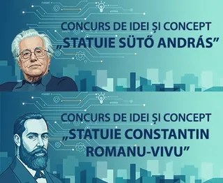 Grafikai plakát két részben, kék, digitális mintás háttérrel: felül egy idősebb férfi portréja mellett „Concurs de idei și concept - Statuie Sütő András” felirat, alul egy szakállas férfi portréja mellett „Concurs de idei și concept - Statuie Constantin Romanu-Vivu” felirat.