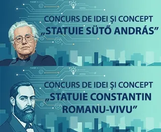Grafikai plakát két részben, kék, digitális mintás háttérrel: felül egy idősebb férfi portréja mellett „Concurs de idei și concept - Statuie Sütő András” felirat, alul egy szakállas férfi portréja mellett „Concurs de idei și concept - Statuie Constantin Romanu-Vivu” felirat.