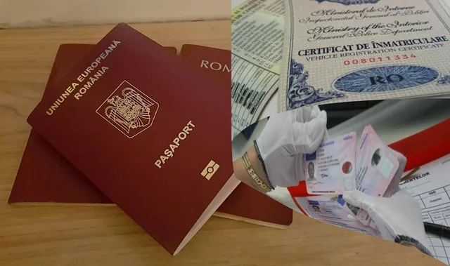 Kollázs román okmányokról: két bordó „Uniunea Europeană – România – Paşaport” útlevél egy fa asztalon, mellette gépjármű forgalmi engedély (Certificat de înmatriculare) részlete, valamint fehér kesztyűs kéz, amely több jogosítványt és személyigazolványt tart egy piros mappa felett.
