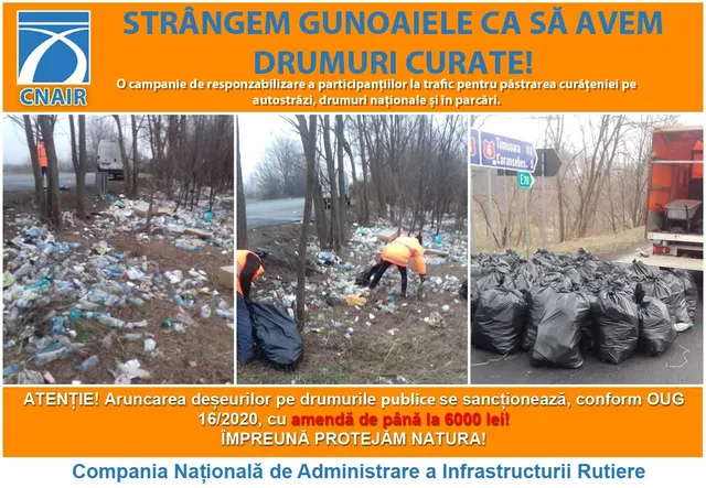 CNAIR kampányplakát szemétszedésről: három fotó látható – útmenti fás területen szétszórt szemét és üvegek/palackok, egy narancssárga munkaruhás dolgozó szemetet szed egy zsákba fák között, valamint egy teherautó mellett sorba rakott fekete szemeteszsákok egy útjelző tábla közelében.