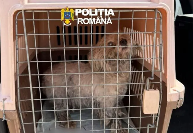 Egy zilált szőrű kisebb kutya áll egy műanyag és fém szállítóketrecben, felfelé néz. A kép a Román Rendőrség (Poliția Română) logójával van megjelölve.