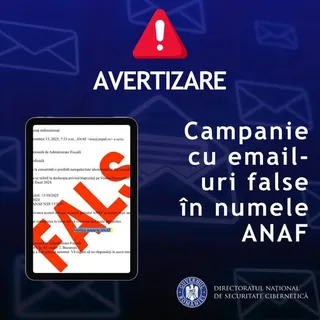Grafikai figyelmeztető kép: piros felkiáltójel és „AVERTIZARE” felirat, mellette szöveg románul egy ANAF nevében küldött hamis e-mail kampányról. Bal oldalon egy tabletképernyőn egy e-mail látható, rá van égetve nagy piros „FALS” (hamis) felirat, alul a Nemzeti Kiberbiztonsági Igazgatóság (DNSC) logója és felirata.