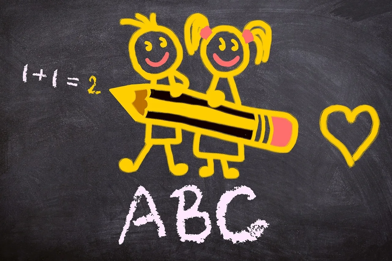 Iskolatáblára rajzolt kréta illusztráció: két sárga stickman gyerek egy nagy ceruzát tart, mellettük egy „1+1=2” matematikai példa, egy szív és az „ABC” felirat látható.