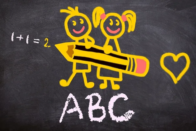 Iskolatáblára rajzolt kréta illusztráció: két sárga stickman gyerek egy nagy ceruzát tart, mellettük egy „1+1=2” matematikai példa, egy szív és az „ABC” felirat látható.