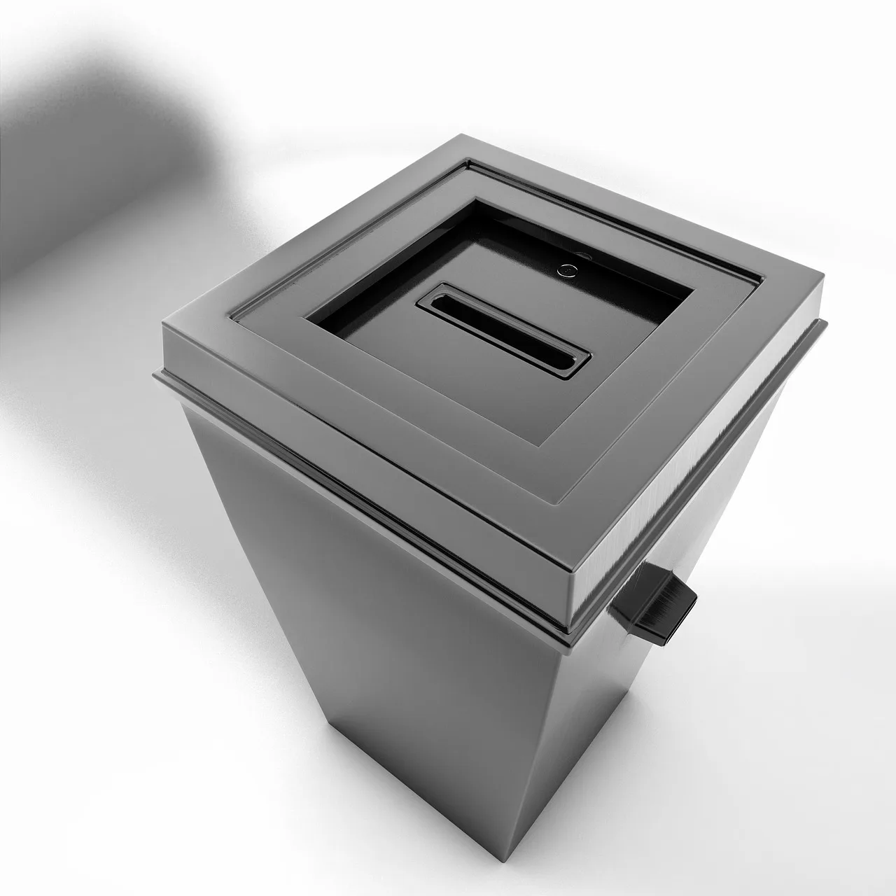 Számítógépes 3D-render egy fém szavazóurnáról, felülnézetből, keskeny bedobónyílással a tetején és lakattal a jobb oldalon.