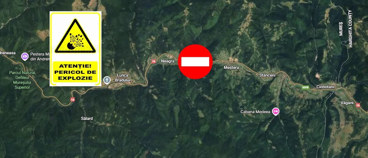 Térkép a Maros völgyéről a 15-ös országút mentén, Neagra és Ciobotani/Stânceni települések között, behelyezett behajtani tilos jelzéssel és egy „Pericol de explozie” (robbanásveszély) figyelmeztető táblával, jelezve az útlezárás helyét.