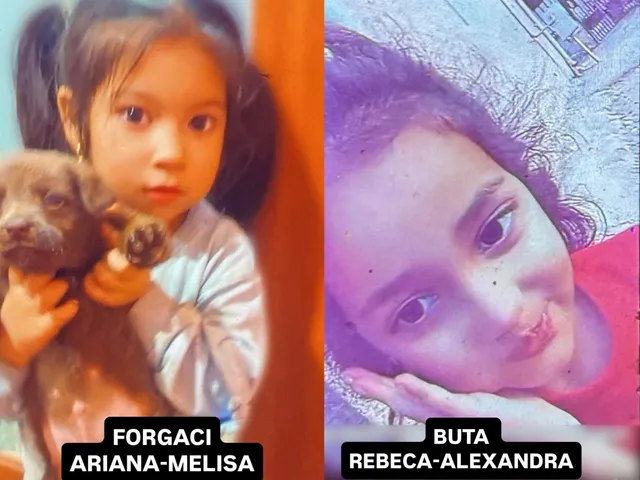 Két külön fotó egymás mellett feliratozva: bal oldalon egy kislány kutyusokat tart a kezében, a felirat szerint Forgaci Ariana-Melisa; jobb oldalon egy másik kislány közeli portréja lila-rózsaszín tónusú képen, felirata Buta Rebeca-Alexandra.