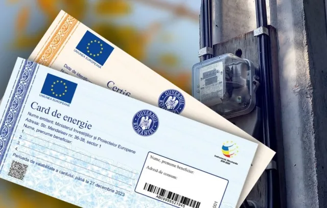 Két „Card de energie” (energiakártya/energiautalvány) montázsban egy villanyóra előtt, a kártyákon Európai Unió és Románia Kormánya emblémák, valamint kitöltendő adatok láthatók.