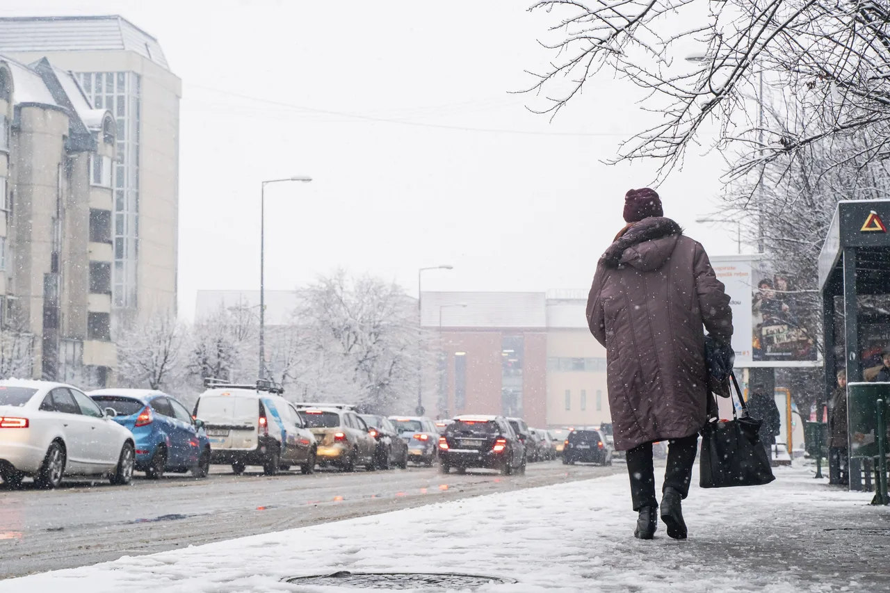 Havas utcán hátulról fotózott nő sétál vastag télikabátban, sapkában, kezében táskával, mellette forgalmas, hóban araszoló autósor és havas fák láthatók.
