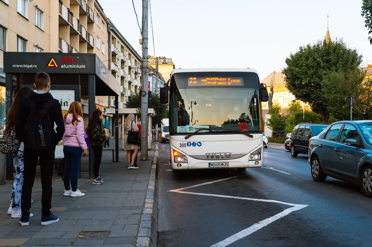 Buszmegállóban várakozó diákok láthatók hátulról, miközben egy fehér IVECO autóbusz áll meg mellettük az utcán, körülötte forgalom és parkoló autók.