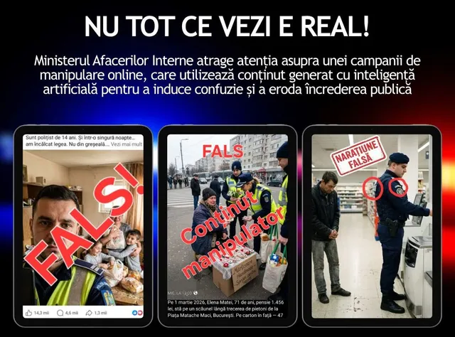 Grafika, amely három telefonos képernyőképet mutat egy közösségimédia-manipulációs kampányról: egyenruhás rendőrt ábrázoló fotó, csendőrök egy utcai jelenetben és egy üzletben lévő rendőr, mindegyikre rá van írva a „FALS” vagy „Narațiune falsă” felirat, felül a „Nu tot ce vezi e real!” cím és magyarázó szöveg olvasható.