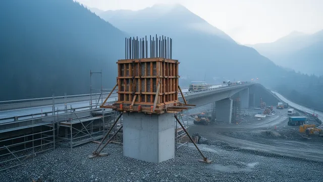 Autópálya-híd építése hegyvidéki terepen: egy betonpillér tetején zsaluzat és kiálló vasbetétek láthatók, a háttérben a már elkészült híd íve és munkagépek.