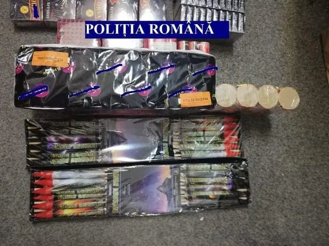 Padlóra helyezett elkobzott pirotechnikai eszközök (petárdák, rakéták) csomagolásban, felül a Poliția Română felirat látható.