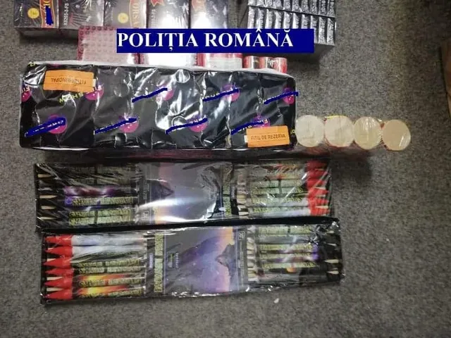 Padlóra helyezett elkobzott pirotechnikai eszközök (petárdák, rakéták) csomagolásban, felül a Poliția Română felirat látható.