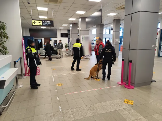 Repülőtéri váróteremben határrendőrök és egy szolgálati kutya ellenőrzést végeznek az utasok között, a Plecări/Departures tábla alatt.