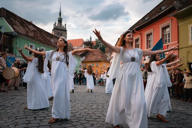 Fehér ruhás, fejdíszes lányok táncolnak felemelt karokkal egy középkori hangulatú kövezett utcán, háttérben színes homlokzatú házak és egy magas óratornyú épület, körülöttük nézők állnak.