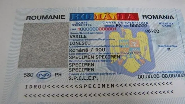 Egy román személyazonossági igazolvány (buletin) mintapéldánya, rajta SPECIMEN felirat, VASILE IONESCU névvel, román címerrel és a szükséges rovatokkal (CNP, név, állampolgárság, lakcím).