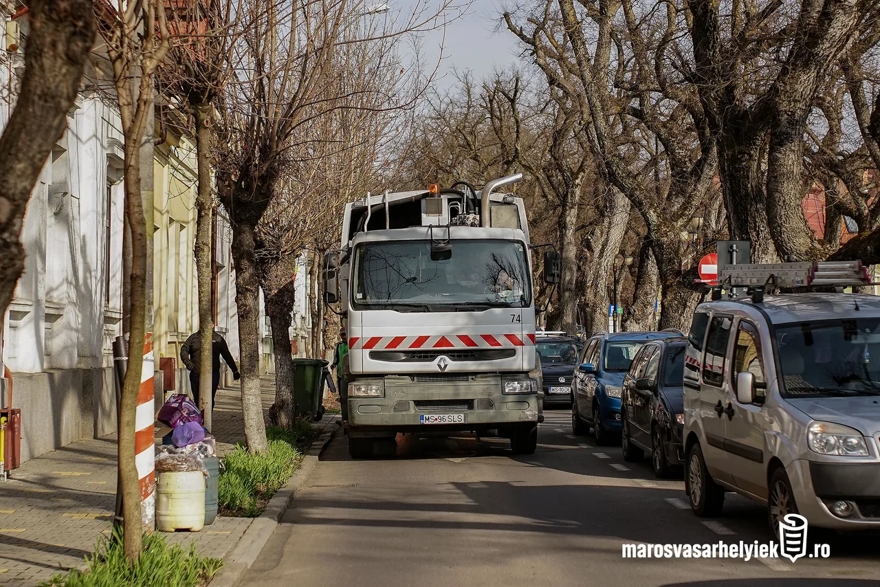 Szemétszállító kamion halad egy fákkal szegélyezett belvárosi utcán, mögötte parkoló autók sorakoznak; a járda mentén hulladékzsákok és egy kuka várakozik elszállításra, egy dolgozó gyalogol az úton.
