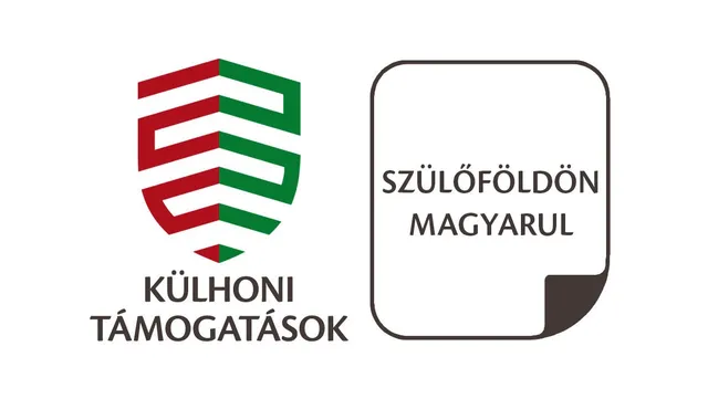 Két logó látható egymás mellett: bal oldalon a Külhoni Támogatások piros-zöld pajzs alakú emblémája, jobb oldalon a Szülőföldön Magyarul Program logója, amely egy lekerekített négyzet formájú, hajtott sarkú jegyzetlap-szerű ábrán a felirattal.