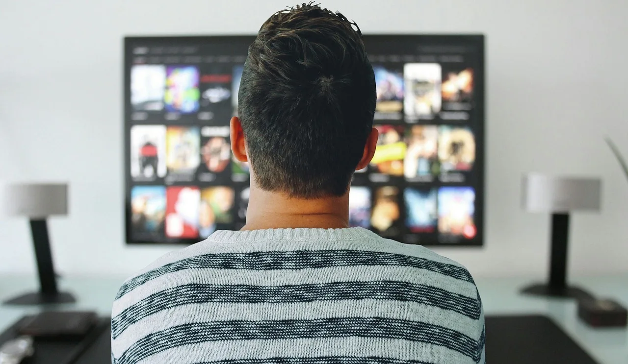 Egy férfi hátulról fotózva egy nagyképernyős televízió előtt ül, amelyen filmek és sorozatok streaming szolgáltatás böngészőfelülete látható. Két állólámpa keretezi a jelenetet szoba két oldalán.